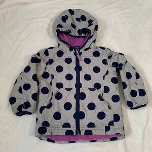 Mini Boden Hooded Polka Dot Jacket Kids 4-5Y Gray Navy Blue Fleece Lined Zip Up